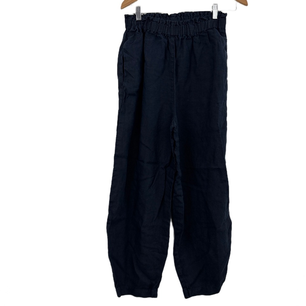 Wide Leg Navy Blue Women's Pants - Elastic Waist